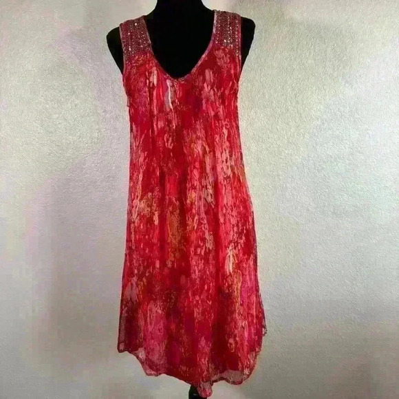 Alberto Makali Dresses & Skirts - Alberto Makali Floral Gauzy Double Lined Silver Sequin Pink Sleeveless Dress XL